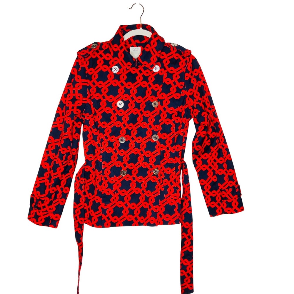 NAUTICA women jacket chainlink trench red navy Y2K coastal chic retro L nautical